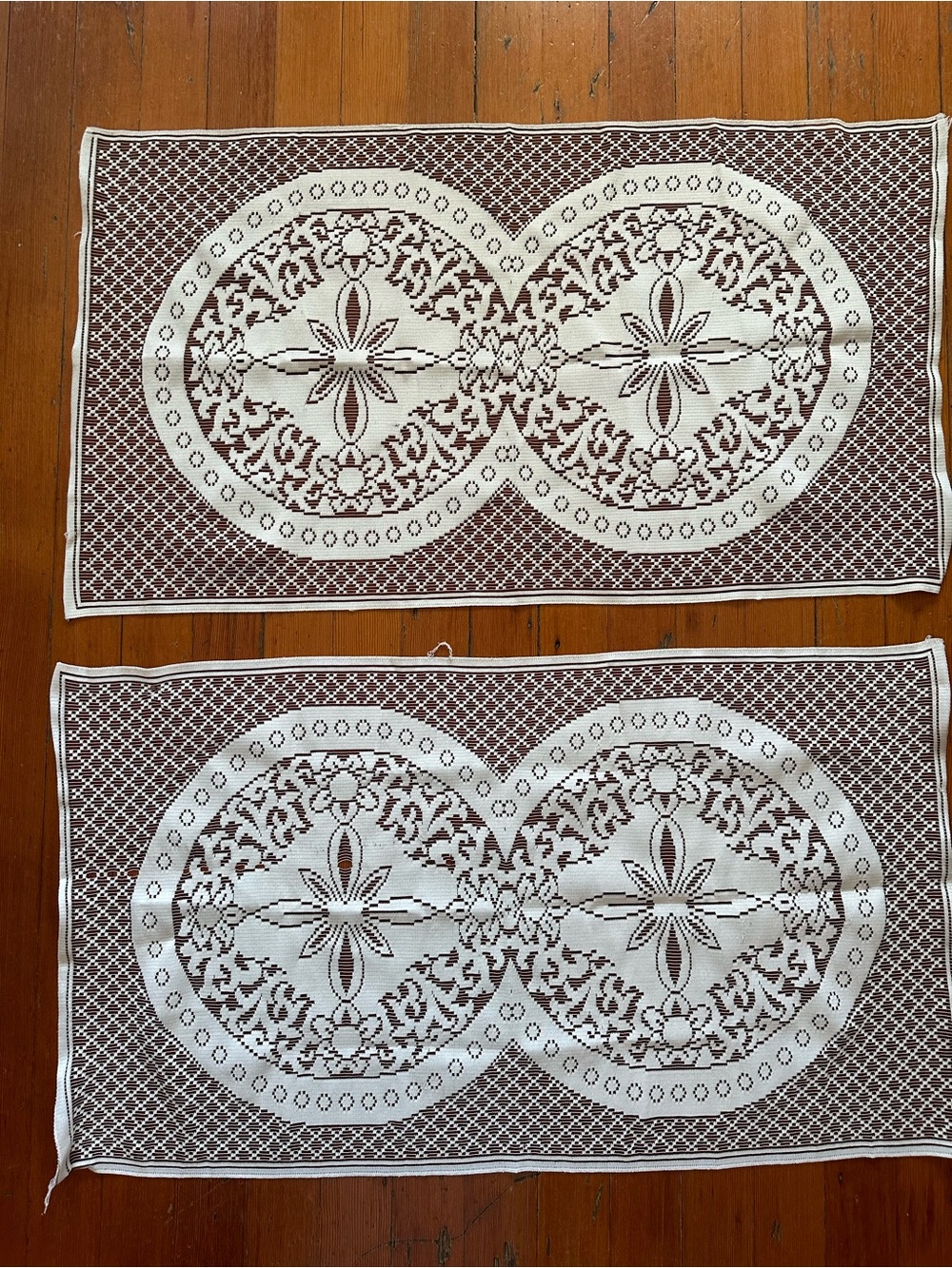 Vintage 60's Retro Embroidered Crochet Lace Table Runner White Brown Set of 2